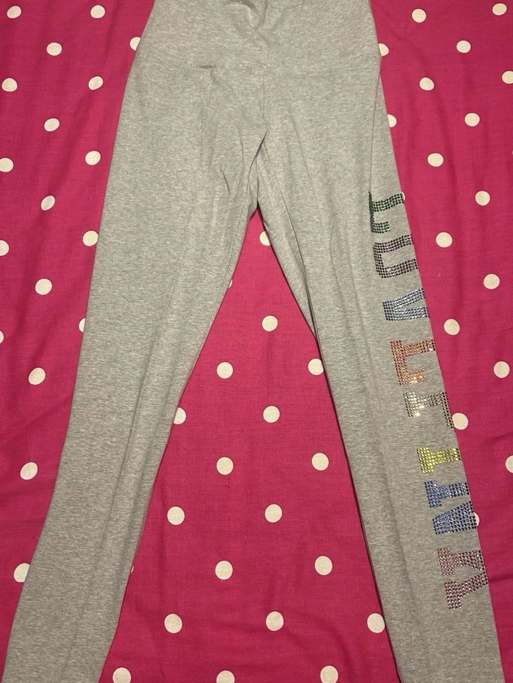 PINK Victoria's Secret Gray Leggings with Multicolor Rhinestone Logo